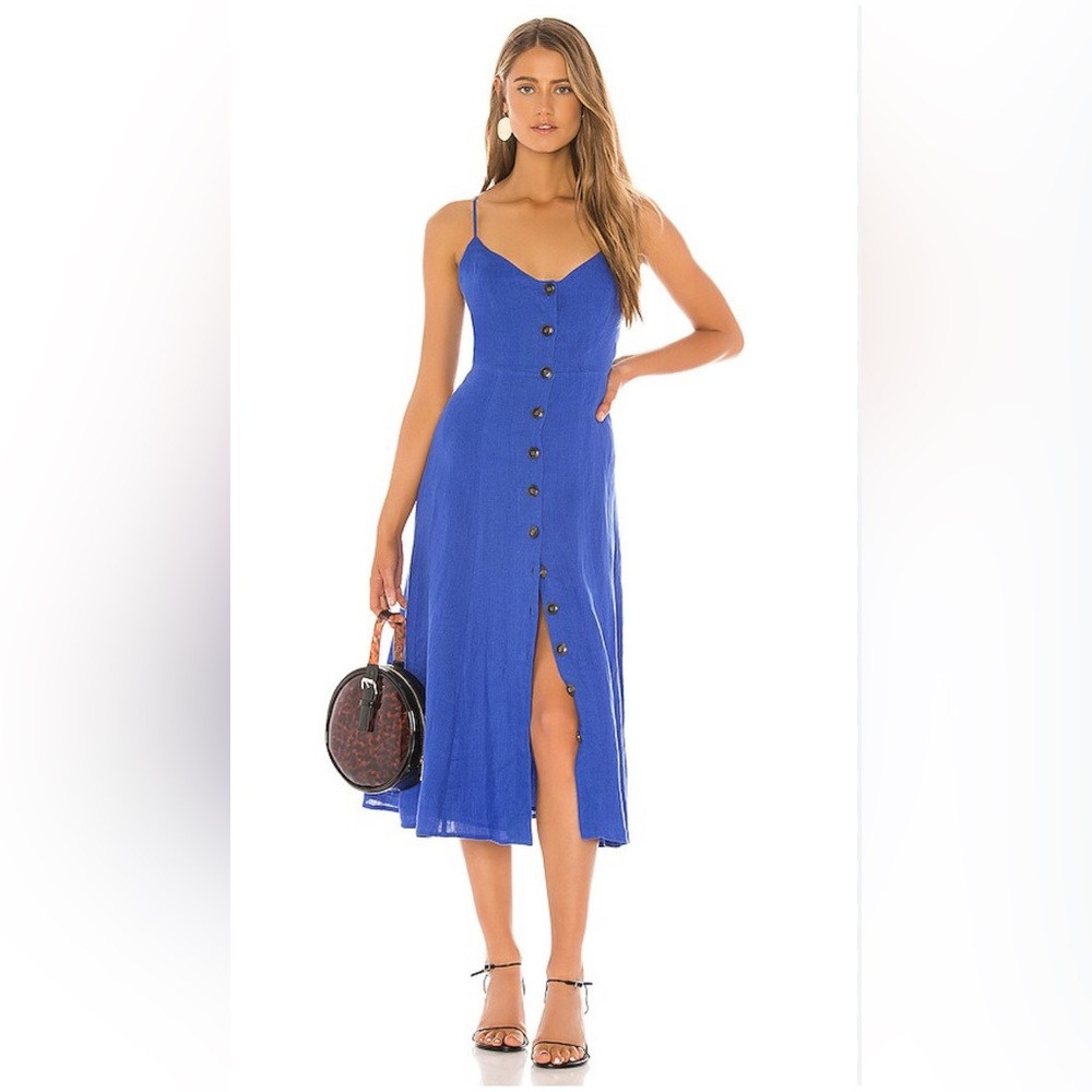 BCBGMAXAZRIA Button Down Blue Linen Midi Dress